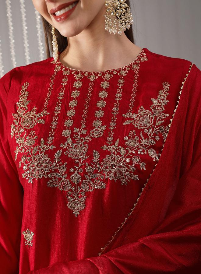 globus Women Red Embroidered Detail Straight Kurta with Sharara and Dupatta Set - Image 3